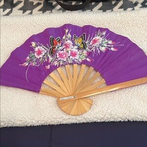 Purple Handheld Fan with Floral and Butterfly Design
